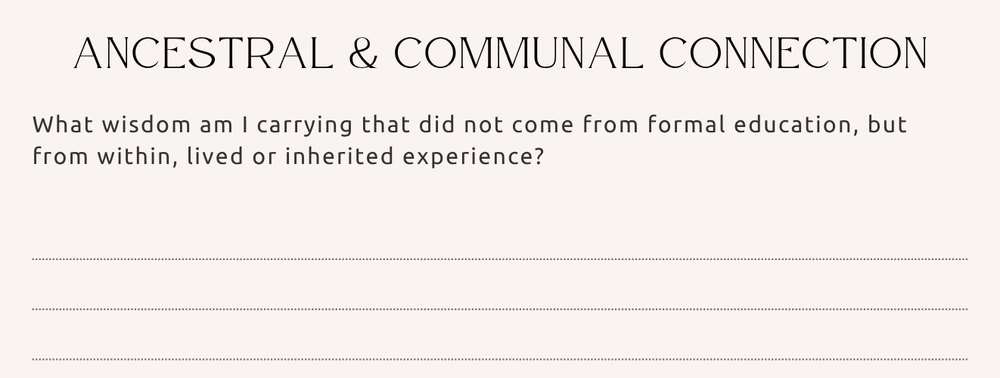 Journal page, Ancestral and Communal Connection: What wisdom am I carrying that did not come from formal education, but from within, lived or inherited experience?